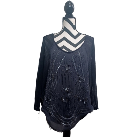 Free People Fairy Grunge Sheer Beaded Sequin Black Boho Distressed Top - Picture 1 of 16